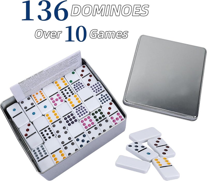 Offelec Double 15 Dominoes Set for Adults - Classic 136 Tiles Colored Dots Double Fifteen Dominos with Tin Box, Portable Domino Game - Ideal for Family Fun Game Night, Travel, Party - 2-8 Player Games - Image 4